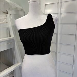 Babaton Sculpt Knit One-Shoulder Cropped Tank Black Medium